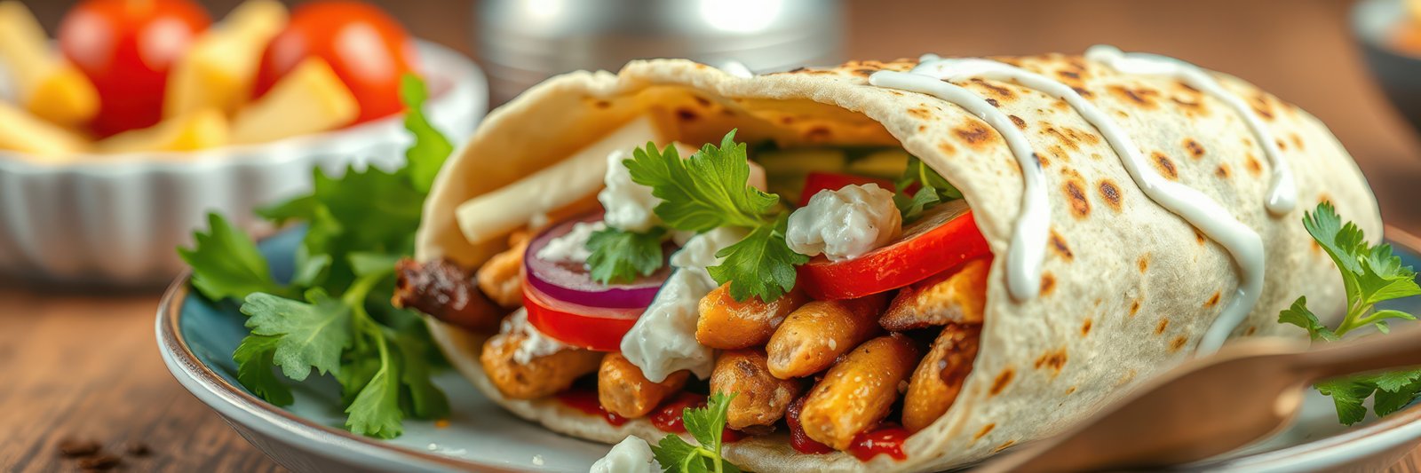 Delicious chicken wrap served with fresh vegetables and creamy sauce in a cozy dining setting